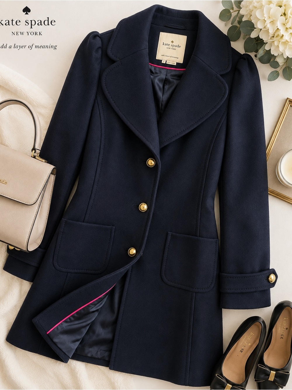 Kate Spade New York Wool Blend Navy Gold Button A-Line Coat Size 6